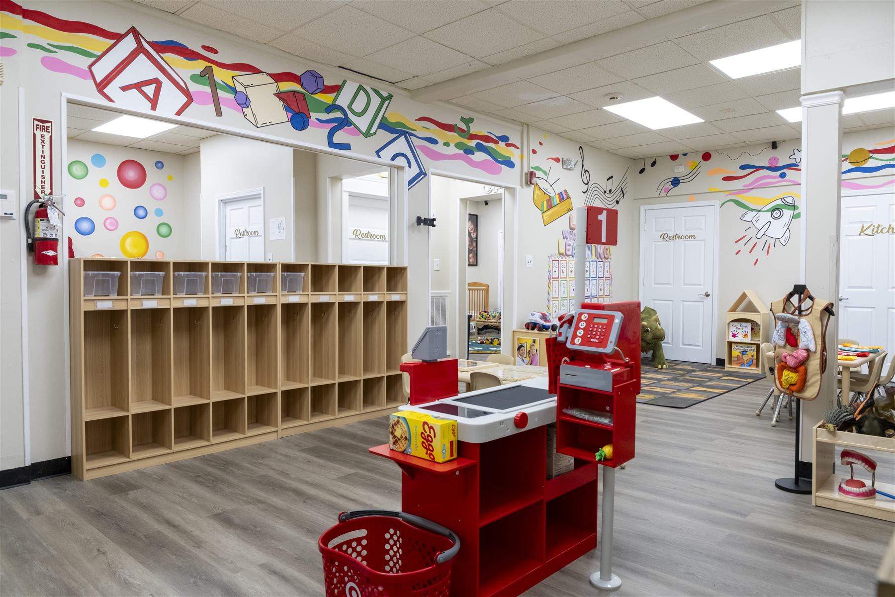 Student cubbies and hand-painted murals