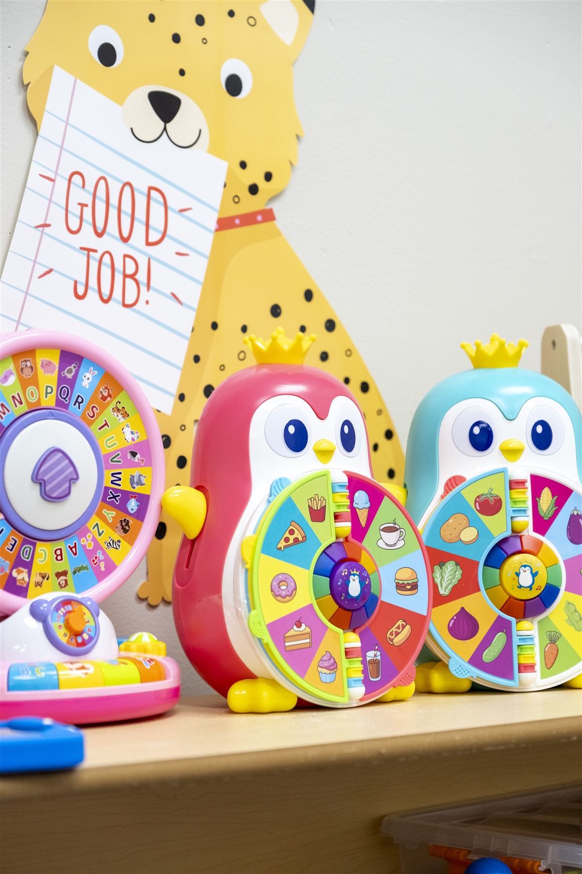 Learning toys on a classroom shelf